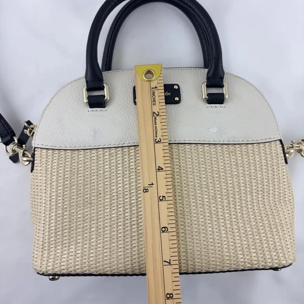 Kate Spade Reiley Straw Dome Satchel Crossbody Bag Cream Black Leather Woven